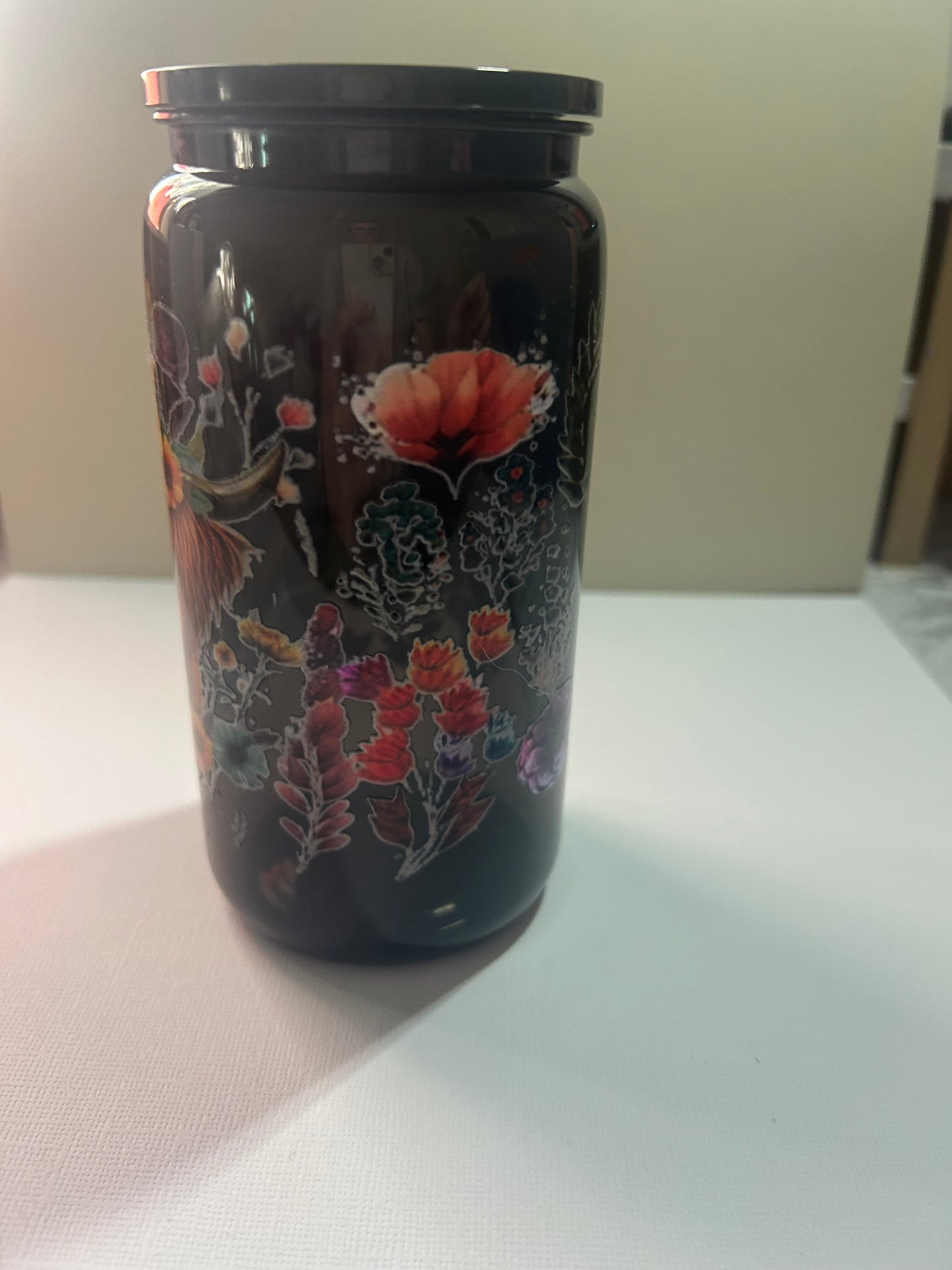 Pre-Made 16Oz Black Highland Cow with flowers