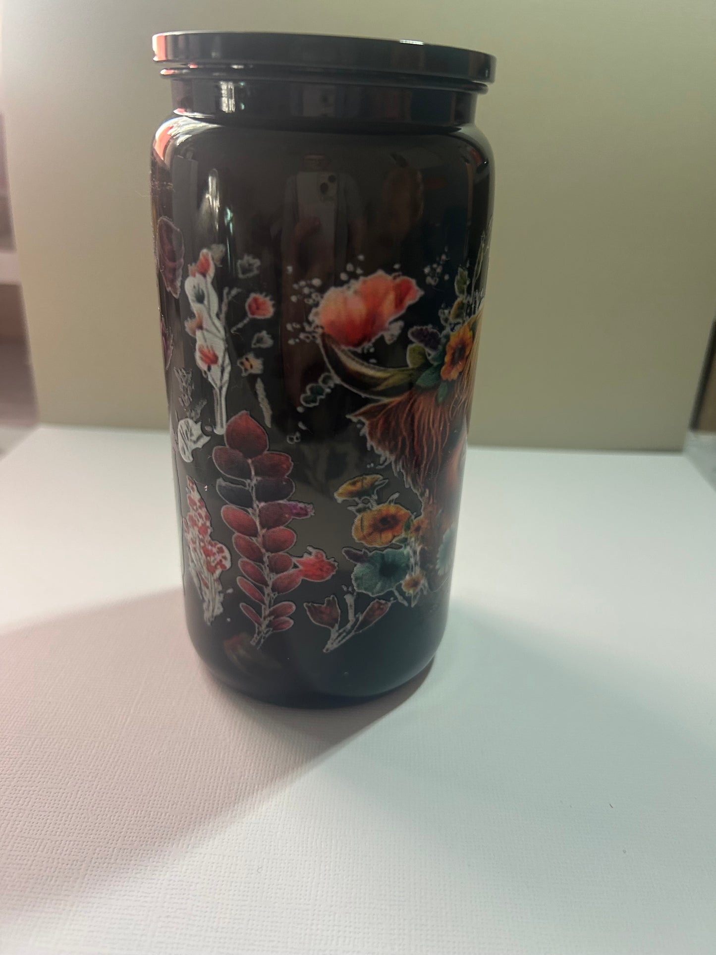 Pre-Made 16Oz Black Highland Cow with flowers
