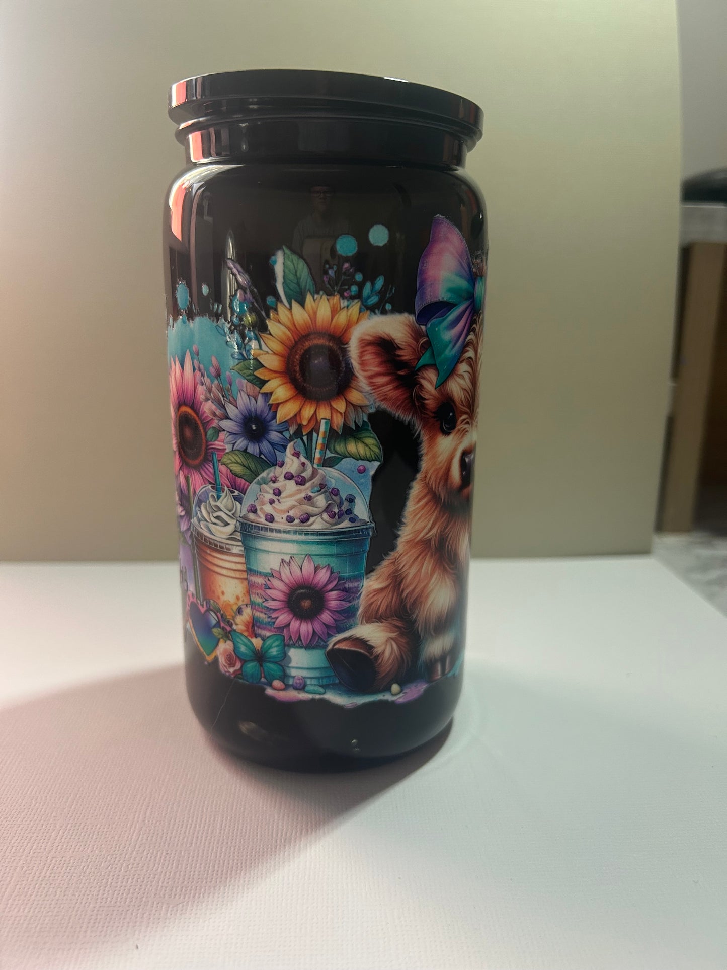 Pre-Made 16Oz Acrylic Black Highland Cow with a Coffee Quote
