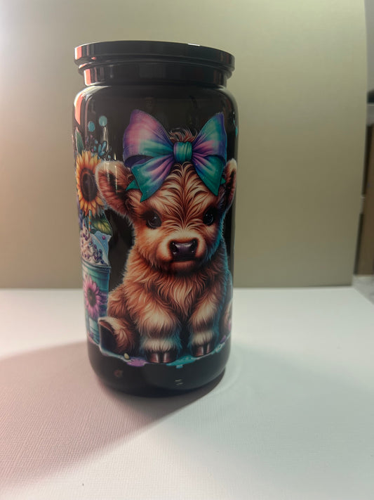 Pre-Made 16Oz Acrylic Black Highland Cow with a Coffee Quote